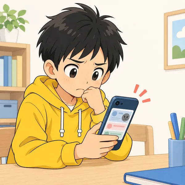 ハルがスマホを見て、いやな気持ちになる書きこみを目にし、顔をこわばらせている