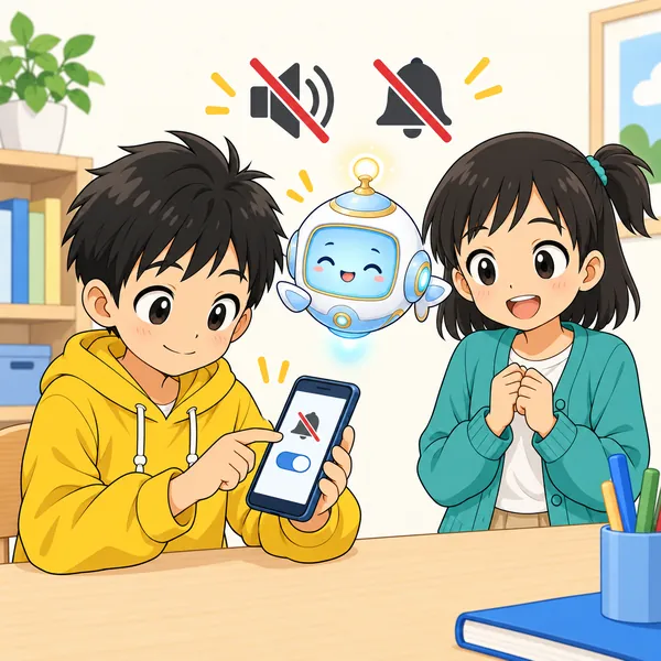 アイが浮かび、ミュートや通知オフの操作をやさしく示している