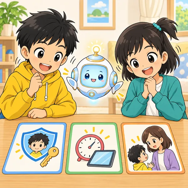 アイが浮かび、決めておくとよいことを3つ、ハルとミオと一緒に確かめている