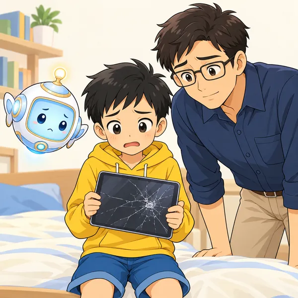 画面にひびが入ったタブレットを持ってがっかりするハルを、お父さんとAIロボットがのぞきこんでいる。
