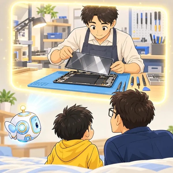 光の窓の中で、修理のお店の店員がタブレットの画面の部品を取りかえている。
