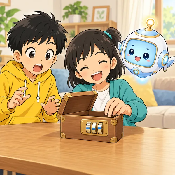 リビングで、輪が3つのダイヤル錠の箱を、ミオがすぐに開けて笑っている。ハルとAIロボットもいる。