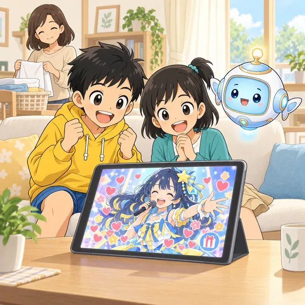 ハルとミオがライブ配信を見ていて、画面にプレゼントのマークがたくさん飛んでいる。