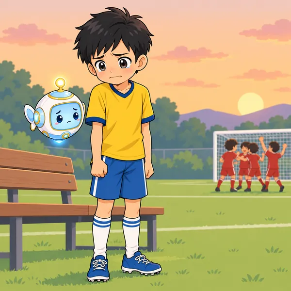 試合に負けたハルが、くちびるをかんでなみだをこらえている。