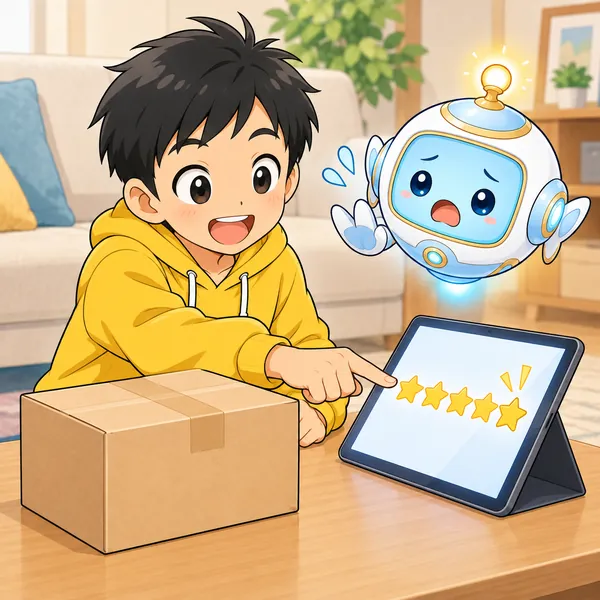 ハルが箱を開けずに評価の星を押そうとして、AIロボットがあわてて止めている。