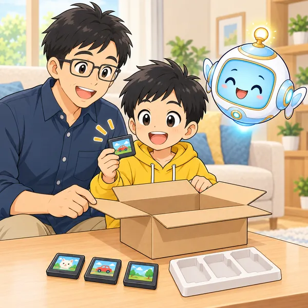 ハルがお父さんといっしょに箱を開け、部品が全部そろっているのを確かめて笑っている。