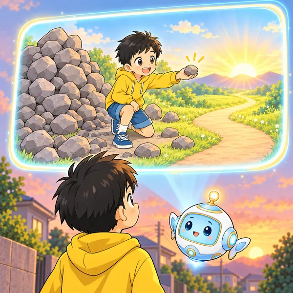 AIロボットが、石を一つだけ差し出す子と、明日への道の絵を見せている。