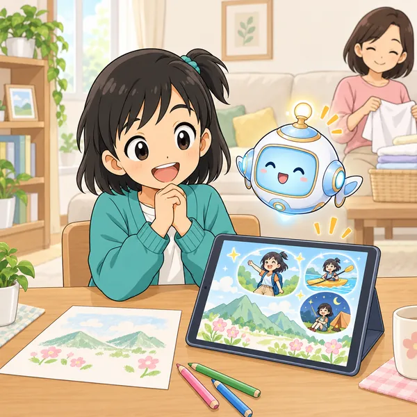 家で、ミオが遠足の思い出を書いたおばあちゃんへの手紙を、AIに読みやすくしてもらっている。