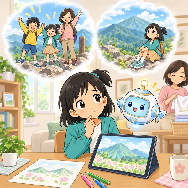 ミオが、山の上まで登りきったと書かれていて、とちゅうで休んでいたのにと首をかしげている。