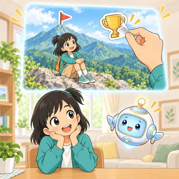 AIロボットが、思い出の絵にはられた知らないシールを子どもがはがす絵を見せている。