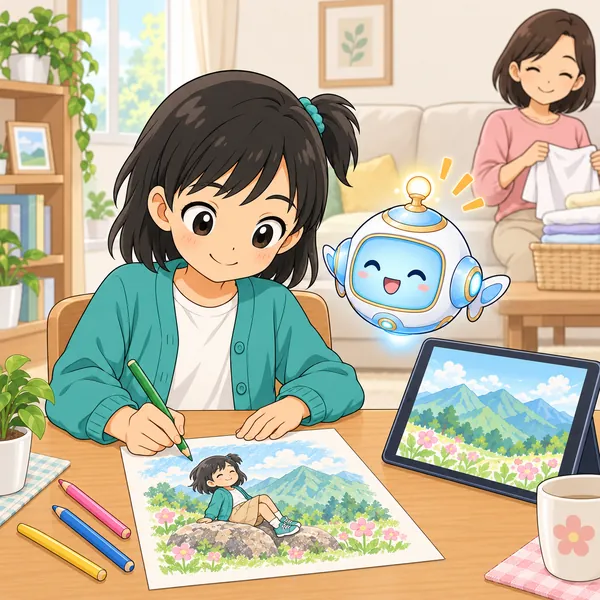 ミオが便せんに、とちゅうで休んだけど景色がきれいだったと自分で書き直している。