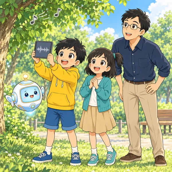 公園の木立で、姿の見えない鳥の声を、ハルがタブレットで録音している。