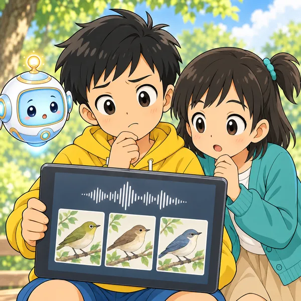 画面に声の波と小鳥の候補が3つ並び、ハルがこまった顔をしている。