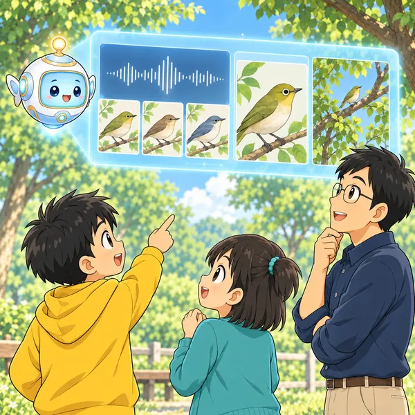 AIロボットが、声の候補と、姿やいた場所の手がかりを合わせる絵を窓に見せている。