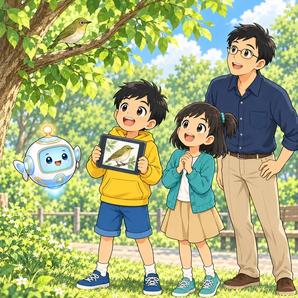 枝に小鳥が姿を見せ、ハルが候補と見比べてうなずいている。