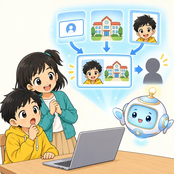 アイが、本名と学校名と顔写真がそろうと、知らない人にも自分がどこの誰かわかってしまうイメージをやさしく見せている