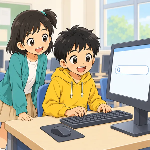 パソコン教室。ハルが検索欄に自分の名前を入れようとしている
