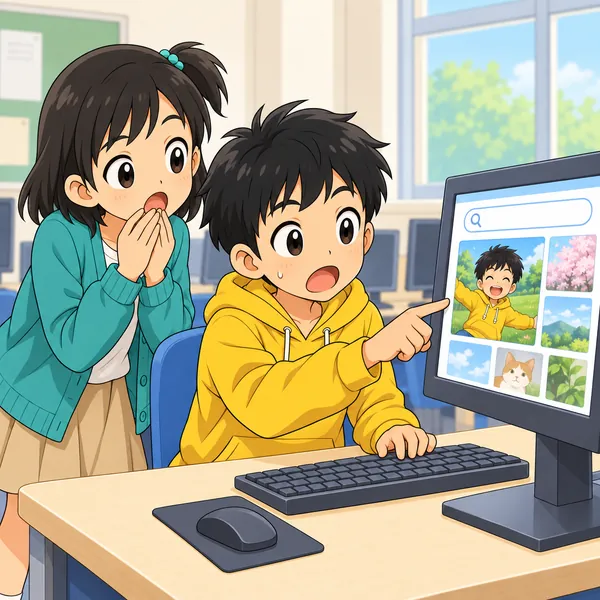 検索結果に、自分では出した覚えのない写真が表示されて、二人がおどろいている