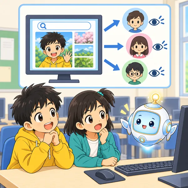 アイが、検索に出るものが他人から見える姿であることを図で見せている