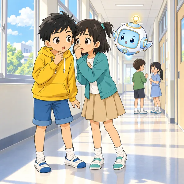 ろうかで、ミオがハルにうわさを話している。