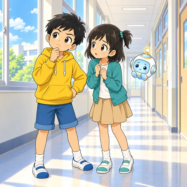 ハルが首をかしげて考えている。