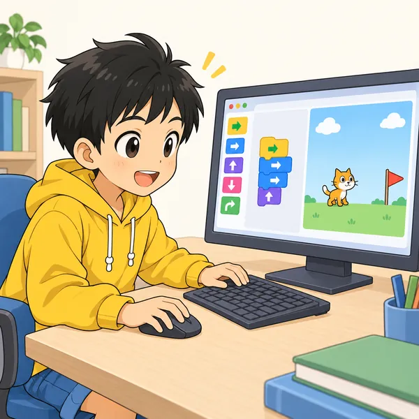 ハルがパソコンで、色つきのブロックを組み合わせる子ども向けプログラミングの画面に向かい、キャラクターを動かそうとしている