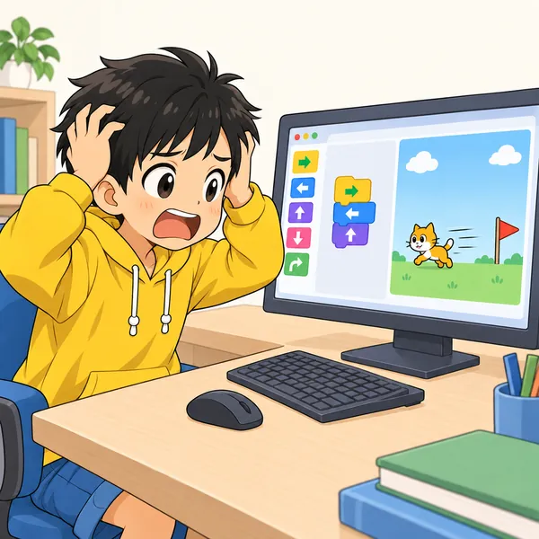 画面の中のキャラクターが思った方向と反対に走っていき、ハルが両手で頭をかかえている