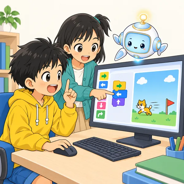ミオとアイがハルと一緒に画面のブロックを指さして、どこがちがうか探している