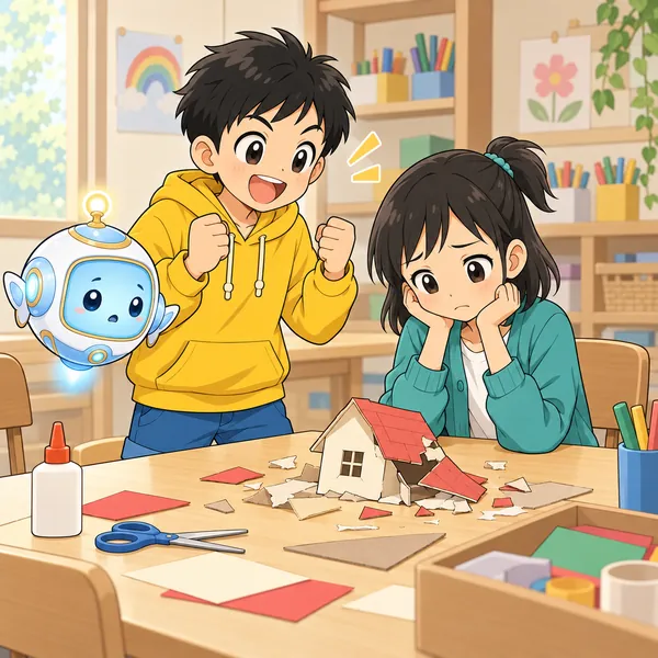 こわれた工作の前で落ちこむミオに、ハルが大きな声ではげましている。