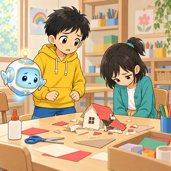 ミオがますます顔をふせ、ハルが困っている。