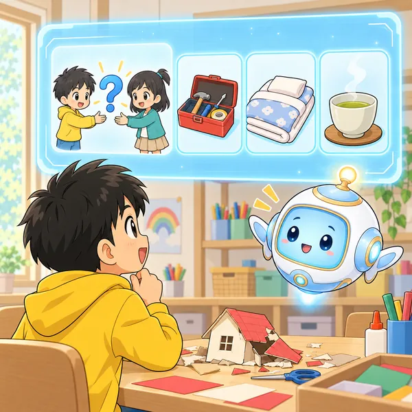 AIロボットが、相手に選べるように聞く絵を窓に見せている。