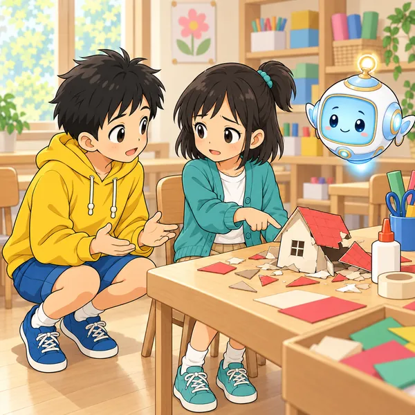 ハルがミオのとなりにしゃがんでやさしく聞き、ミオが工作を指さしている。