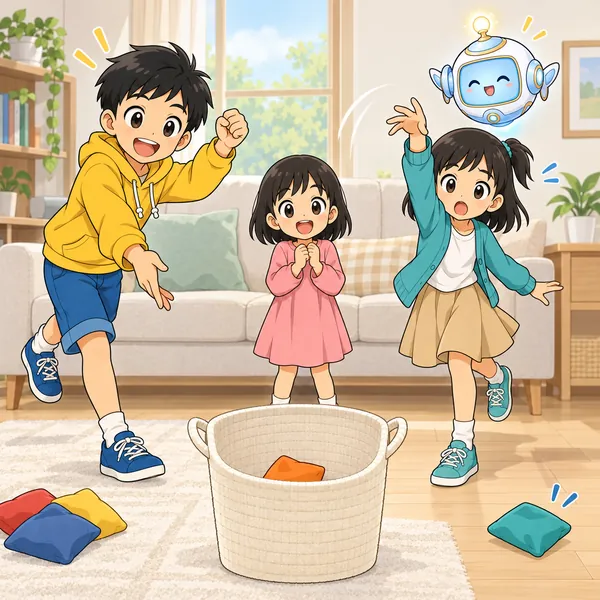 ハルが洗たくかごに下からお手玉を投げて1回で入れ、よろこんでいる。