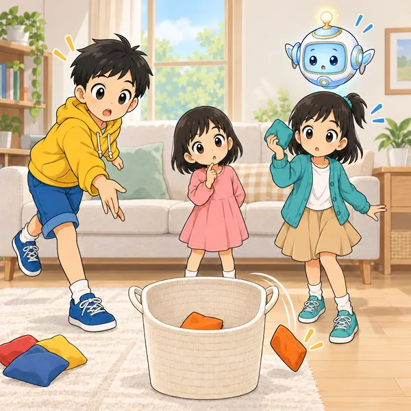 ハルがもう一度投げたお手玉がかごのふちに当たってこぼれ、ミオがふしぎそうにしている。