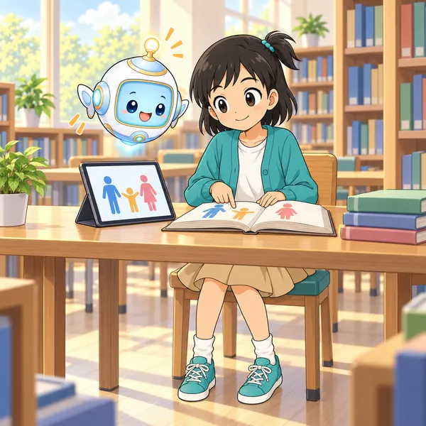 ミオが、図書室で元のページと本を見くらべている。