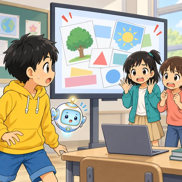 発表の直前。大きな画面のスライドがくずれて、ミオともう一人の子があわてている