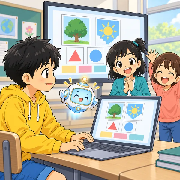 画面が元どおりになり、ミオたちがほっとして喜んでいる