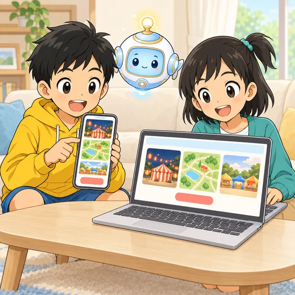 ハルがスマホ、ミオがノートパソコンで同じ案内のページを見ていて、並び方がちがっている。