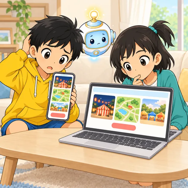 ハルとミオが画面を見比べ、ハルが首をかしげている。