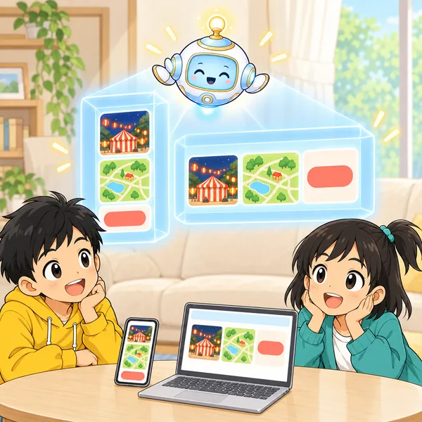 AIロボットが、同じ積み木が細い箱では縦、広い箱では横に並ぶ絵をうかべている。