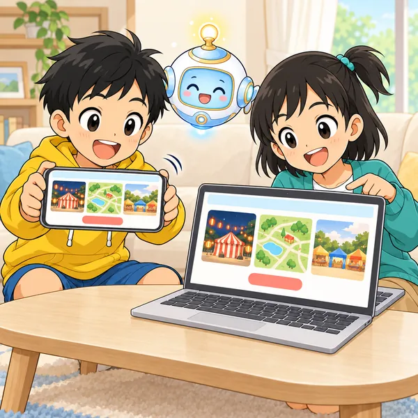 ハルがスマホを横にすると並びが変わり、ミオと見比べて笑っている。