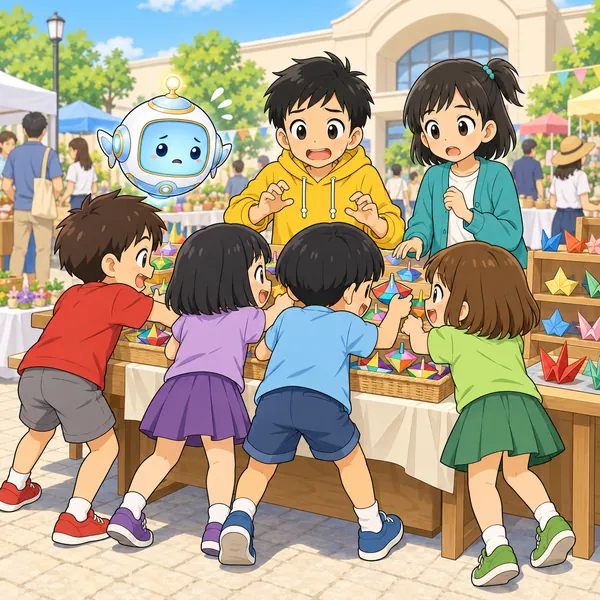 子ども市で、ハルのお店の前に子どもたちがおし合って集まっている。