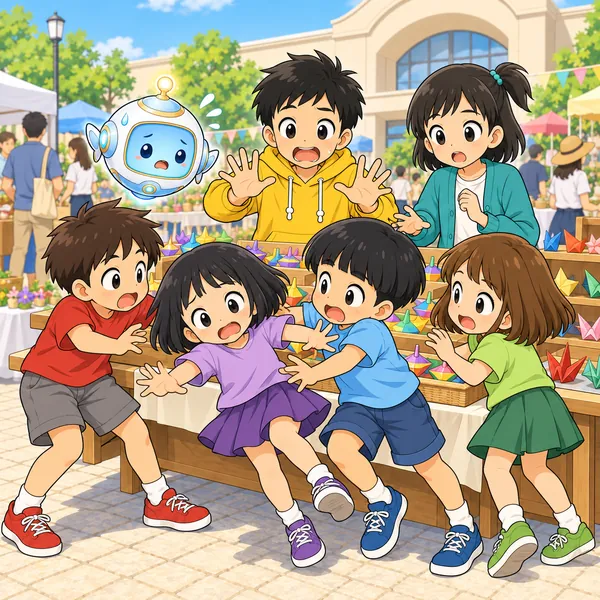 小さい子がおされ、ハルが両手をあげておどろいている。