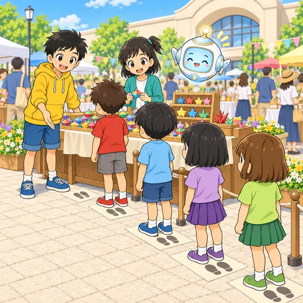 ハルが列の目印を置き、子どもたちが一列にならんでいる。