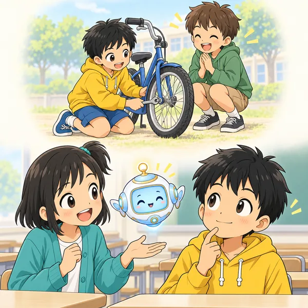 ミオとアイが、ハルに「どんなときがうれしかった?」と聞いている