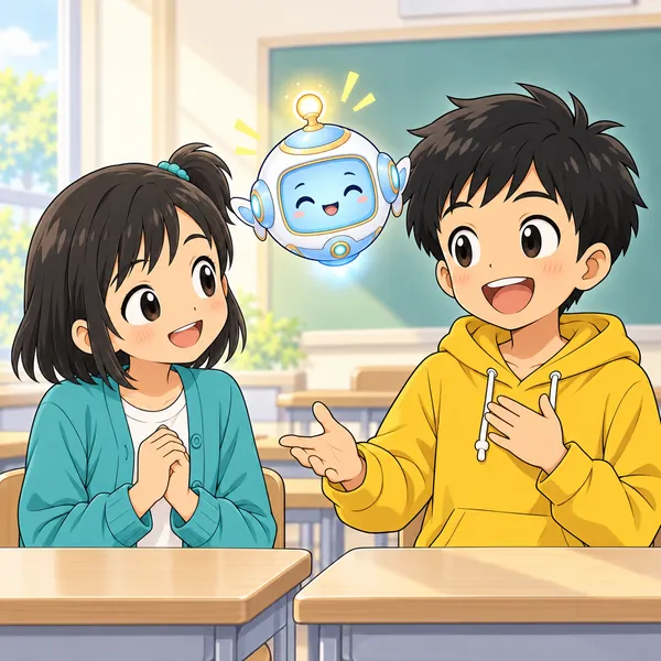 ハルが明るい顔で話している。ミオがうなずいて聞いている
