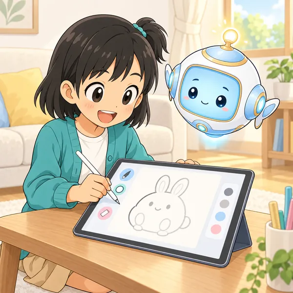 ミオがタブレットで、お手本のうさぎの絵をなぞって練習している。
