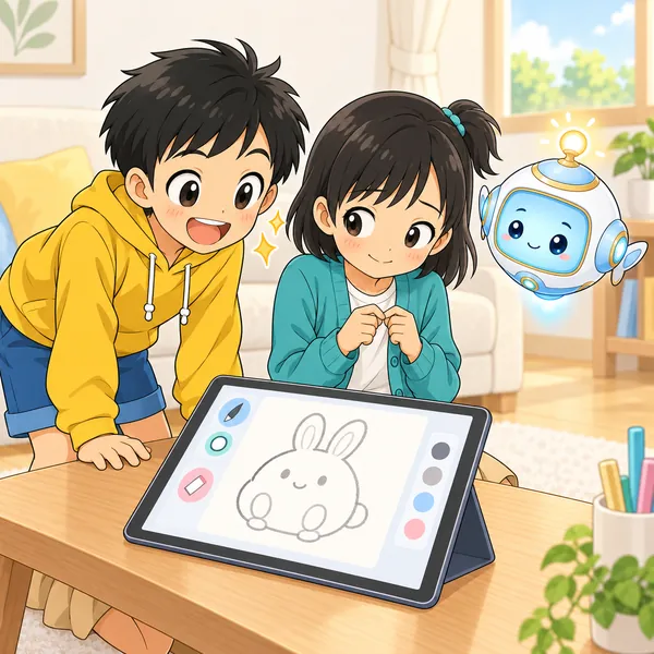 ハルがなぞった絵をほめ、ミオが少しもじもじしている。