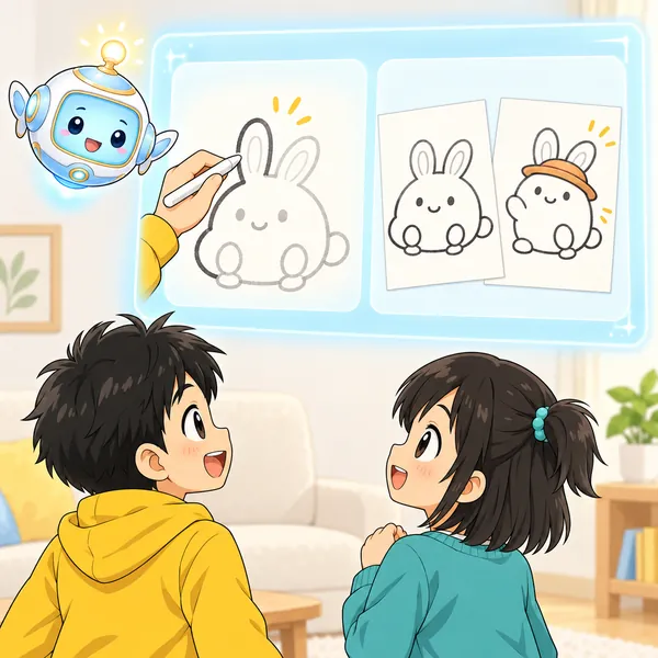 AIロボットが、なぞって覚えた絵と自分で描いた絵を並べた窓を見せている。