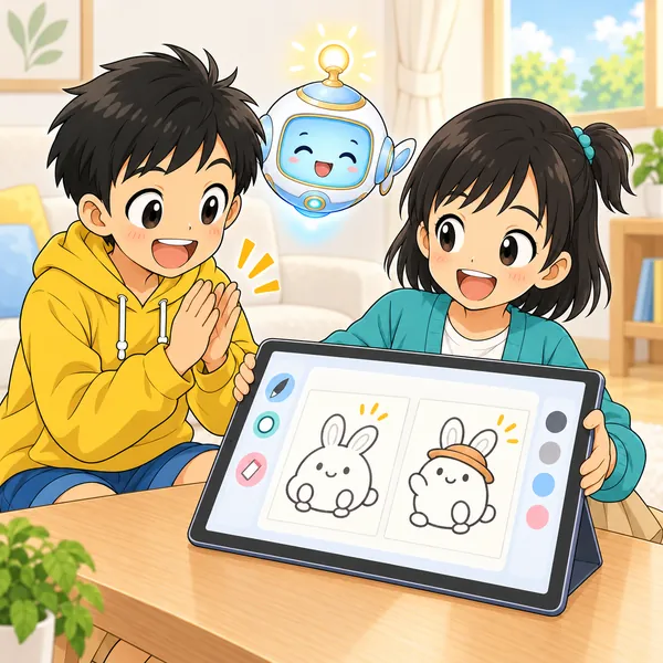 ミオがなぞった絵と自分で考えた絵を並べてハルに見せ、ハルが拍手している。